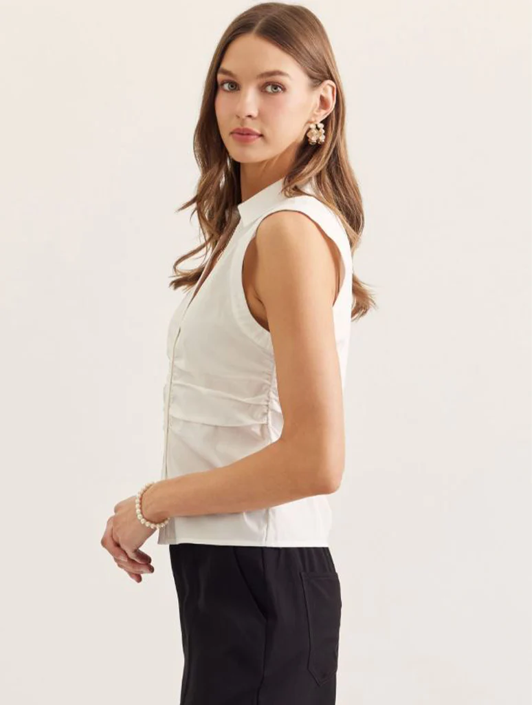 Solid Sleeveless Collared Ruched V-Neck Top - Image 2