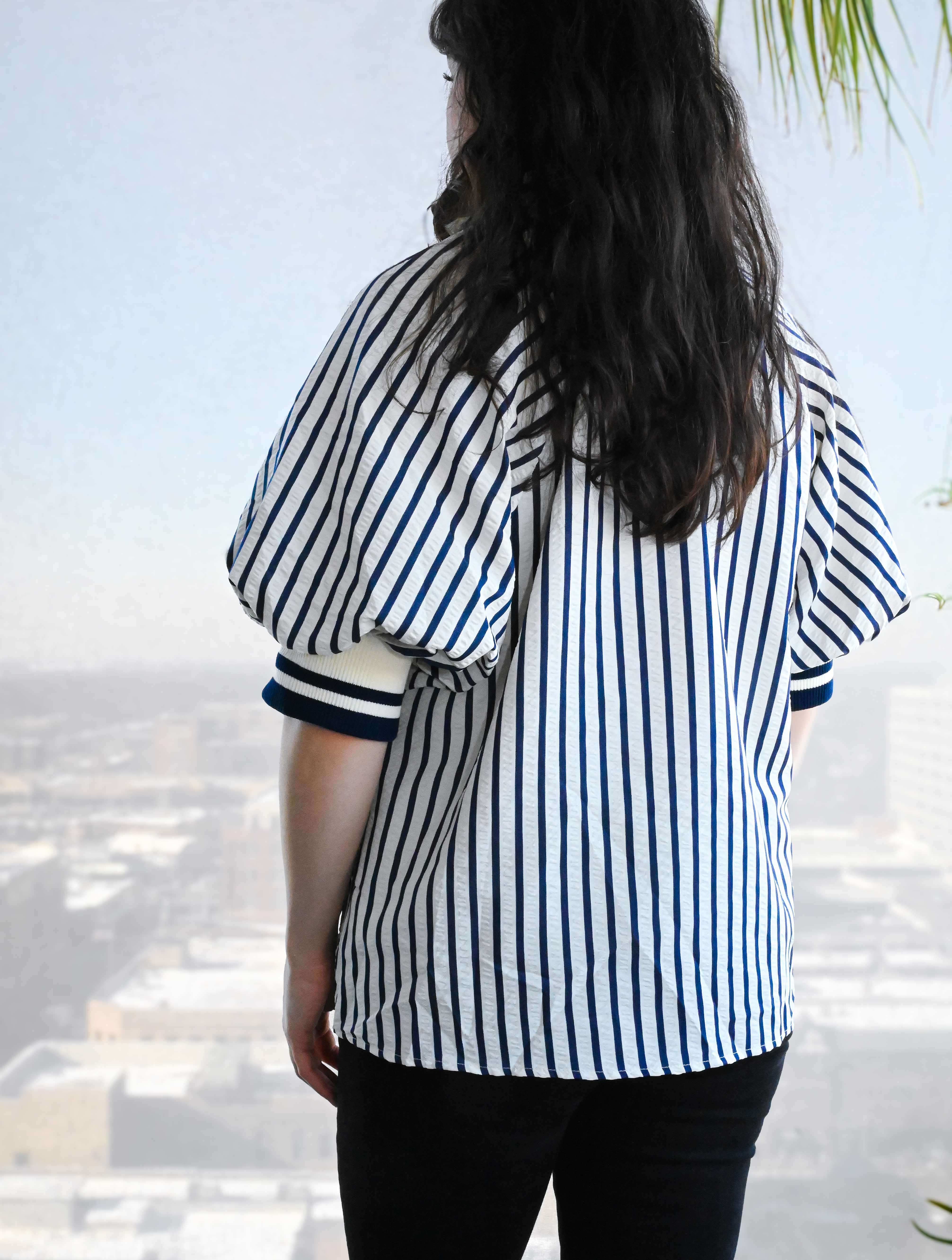 Stripe Puff Sleeve Top with Zipper - Image 2