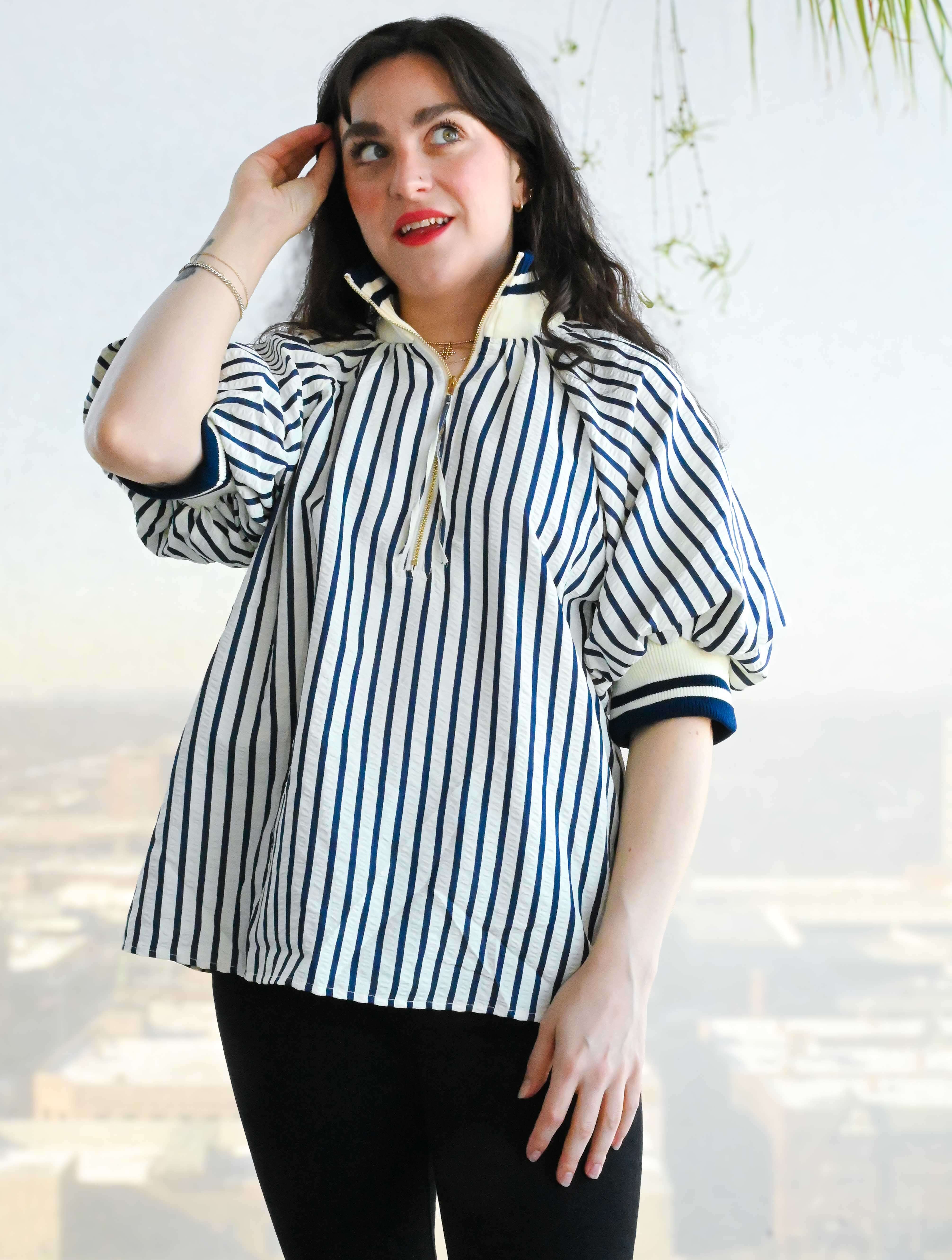 Stripe Puff Sleeve Top with Zipper - Image 3