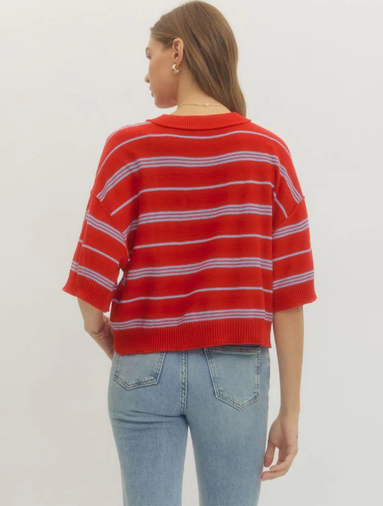 Striped Drop Shoulder Half Sleeve Knit Top - Image 3