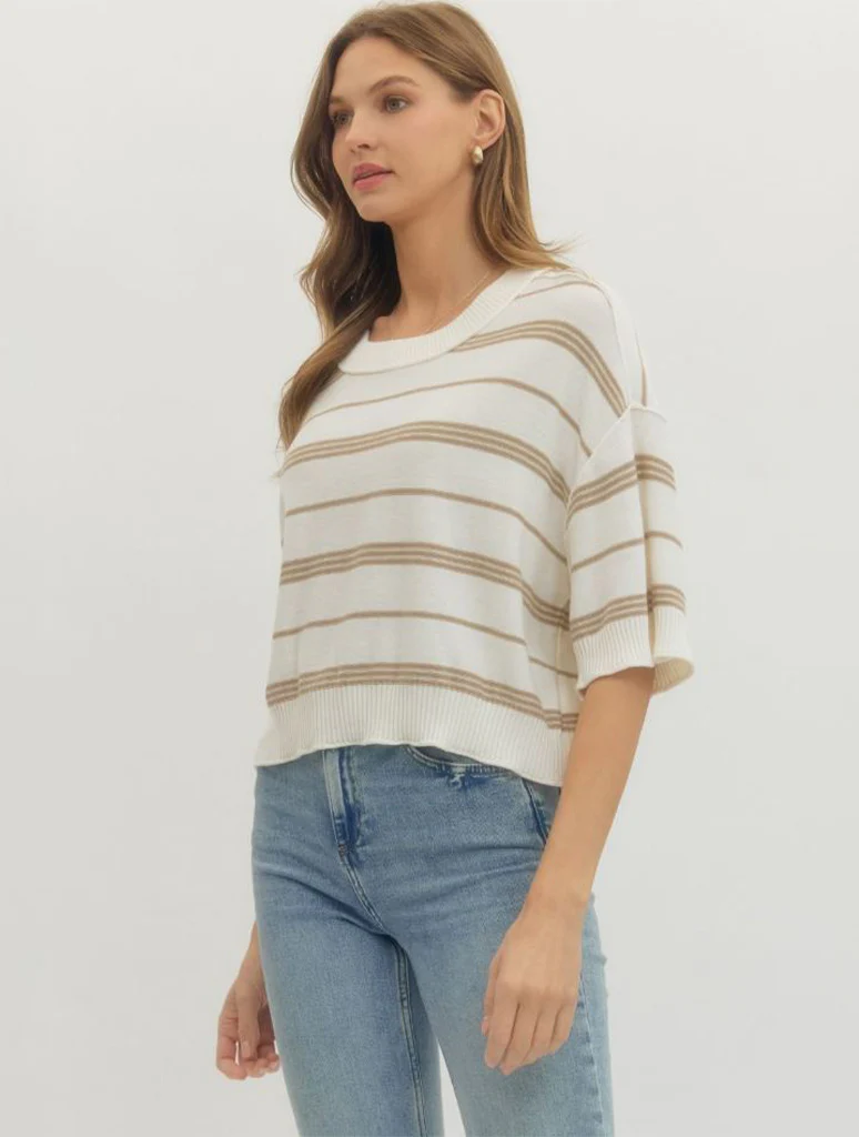 Striped Drop Shoulder Half Sleeve Knit Top - Image 4