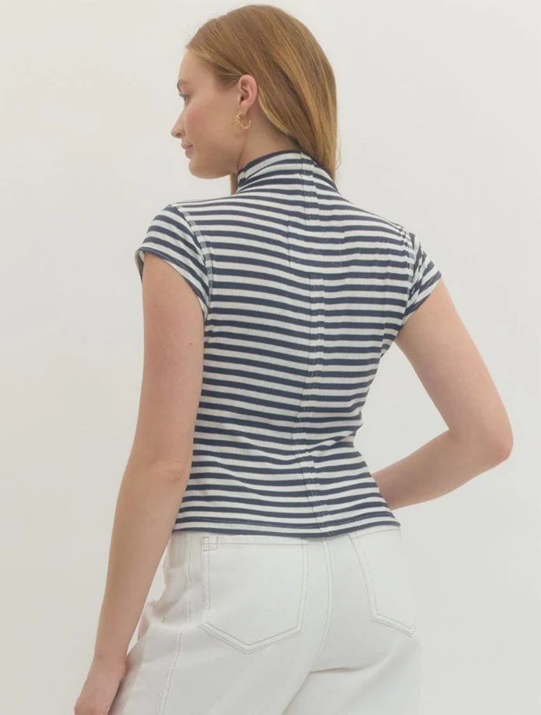 Striped Mock Neck Short Sleeve Tee - Image 3