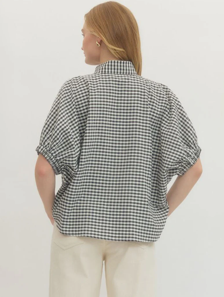 Gingham Flowy Shirt with Banded Collar - Image 3