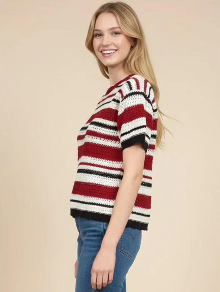 Striped Short Sleeve Crochet Knit Top - Image 2