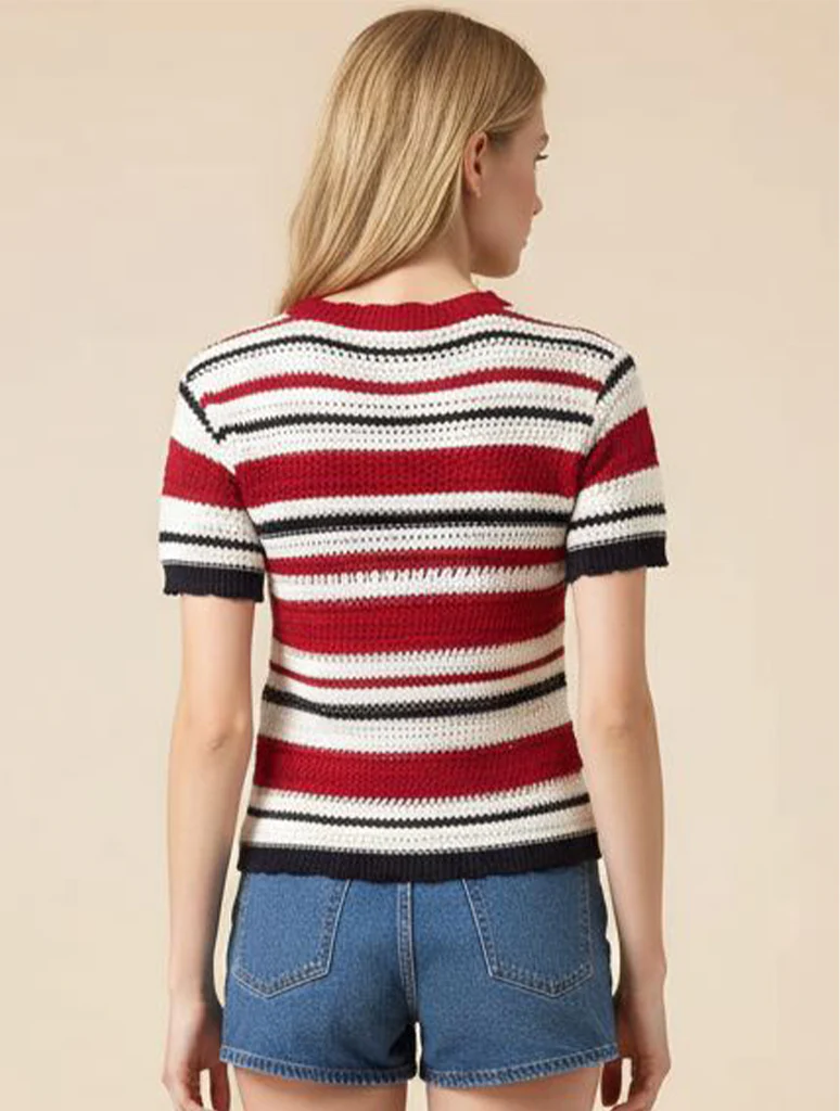 Striped Short Sleeve Crochet Knit Top - Image 3