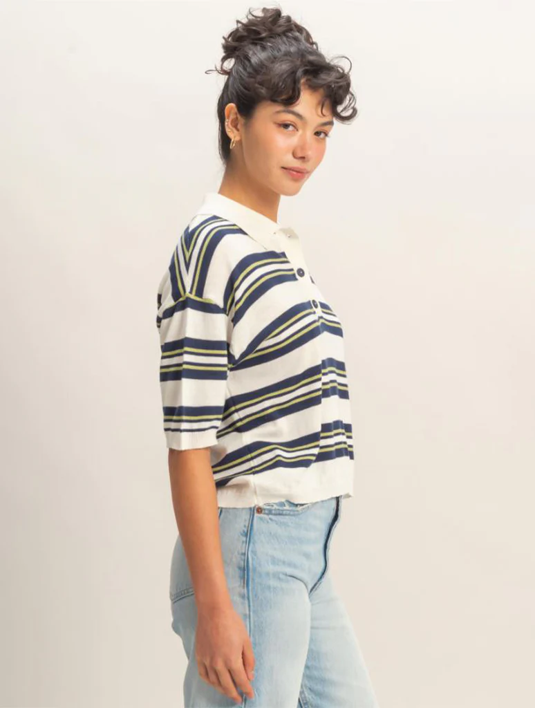 Striped Short Sleeve Polo Knit Top - Image 2