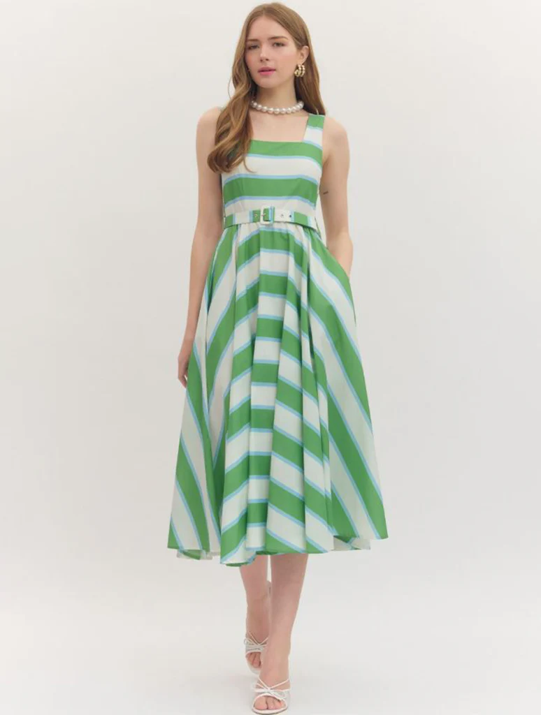 Striped Sleeveless Midi Dress with Belt