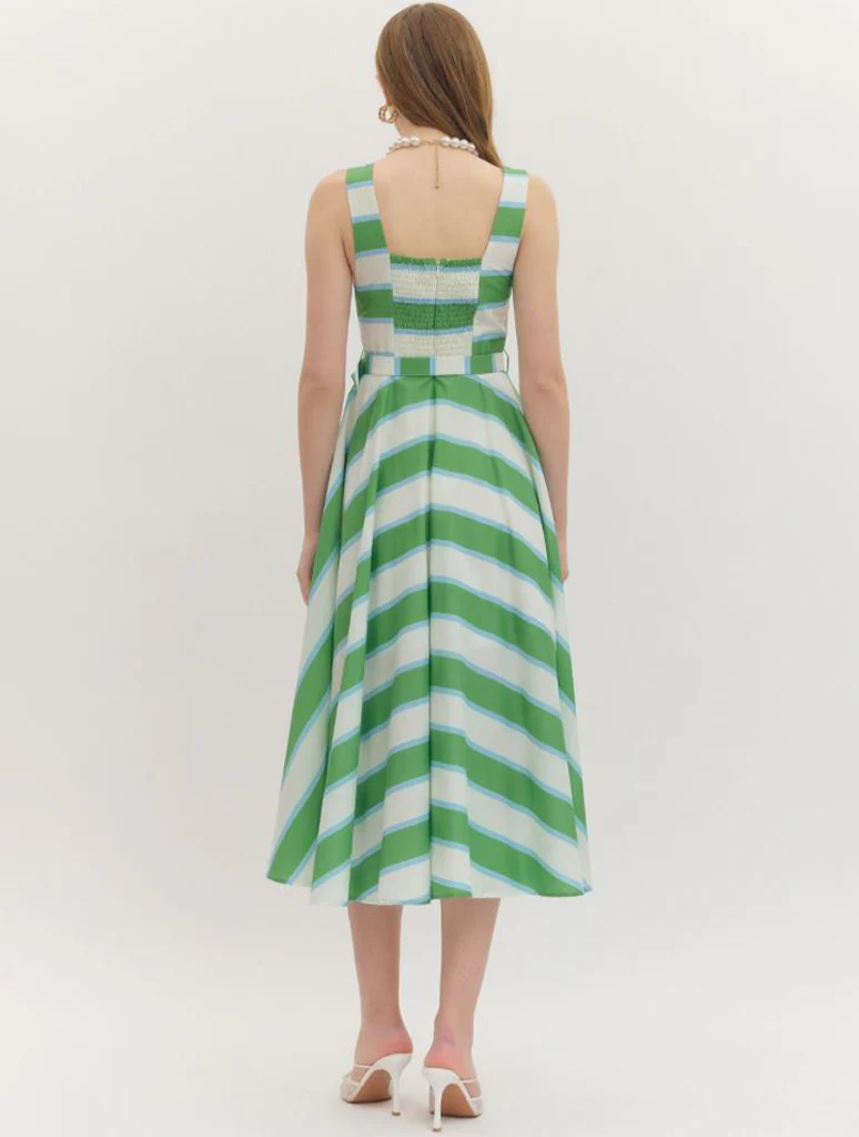 Striped Sleeveless Midi Dress with Belt - Image 3